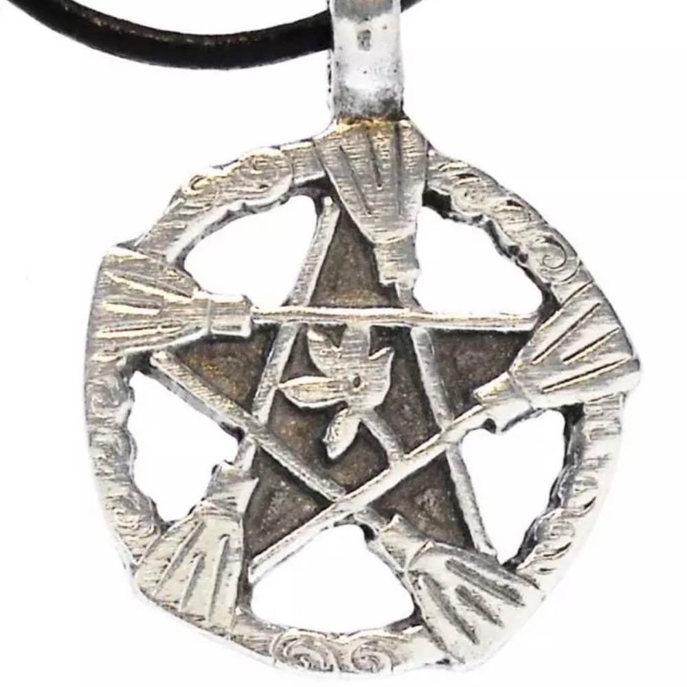PENTAGRAM Witch Broom Pewter Pendant